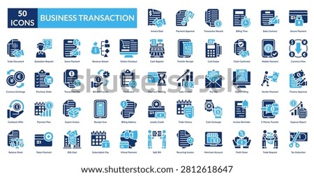 Business Transaction Fill Icon Set. Agreement, Approval, Balance, Banking, Bill, Budget, Business