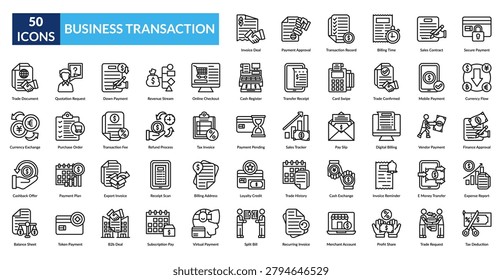Business Transaction Line Icon Set. Agreement, Approval, Balance, Banking, Bill, Budget, Business