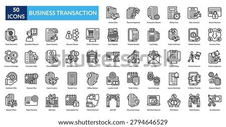 Business Transaction Line Icon Set. Agreement, Approval, Balance, Banking, Bill, Budget, Business