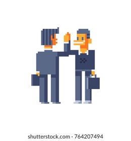 Business transaction. Pixel art style. Two business partners. Cooperation. Businessman character. Flat design. 8-bit. Isolated vector illustration.