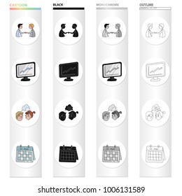 Business transaction, videoconference, schedule on the monitor, brainstorming, date in the calendar. Business conference set collection icons in cartoon black monochrome outline style vector symbol