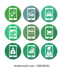Business transactions using mobile phone icon set - location, online booking, reservation, schedule, online banking, payment, shopping, earn, receive money, selling, communicate with customers