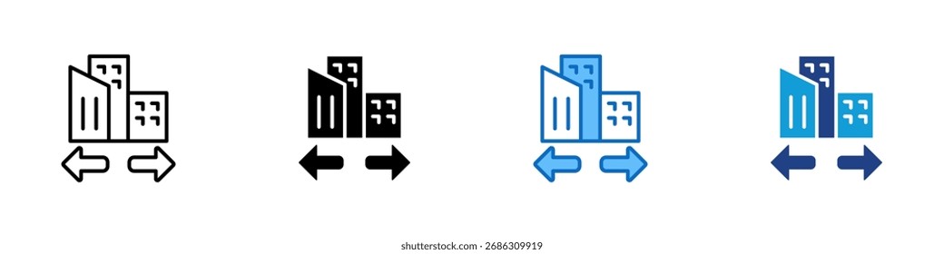 Vetor de design de ícone de estilo múltiplo de transferência de negócios - edifício de escritório com setas, simbolizando a realocação da empresa, transferência de negócios ou movimento corporativo