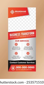 Business transform roll up banners vertical with space for photo collage. orange and red gradient colors and black elements on grey gradient background.
