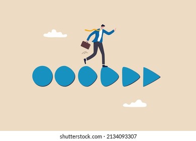 Business transformation change or develop into new company, improvement plan, progress or growth concept, confidence businessman business owner walk on circle transform to triangle forward arrow.