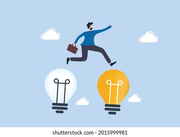 Business transformation, change management or transition to better innovative company, improvement and adaptation to new normal concept, smart businessman jump from old to new shiny lightbulb