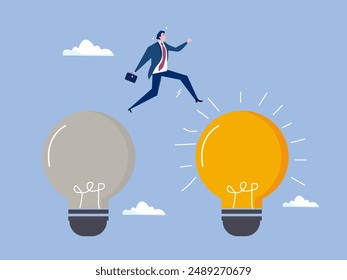 Business transformation, change management or transition to better innovative company, improvement and adaptation to new normal concept, smart businessman jump from old to new shiny lightbulb idea.