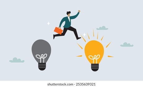 Business transformation, change management or transition to better innovative company, improvement and adaptation to new normal concept, smart businessman jump from old to new shiny lightbulb idea.