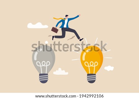 Business transformation, change management or transition to better innovative company, improvement and adaptation to new normal concept, smart businessman jump from old to new shiny lightbulb idea.