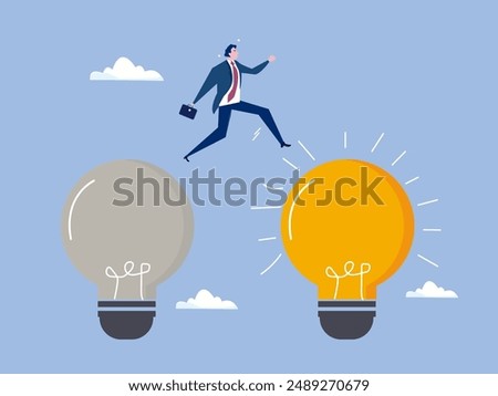 Business transformation, change management or transition to better innovative company, improvement and adaptation to new normal concept, smart businessman jump from old to new shiny lightbulb idea.