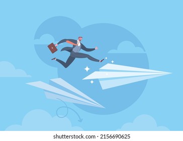Business transformation, changing strategy, improvement, realignment in business operations or new normal concept. Businessman is jumping to the new paper plane in blue background.