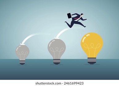 Business transformation concept. Moving to a better innovative company, adapting to a new concept, Businessman jumping from old to new shiny light bulb idea.