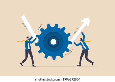 Business transformation or improvement, execution workflow to increase productivity and efficiency, investment profit concept, businessman partner help rotate gear cogwheel to make arrow rising up.