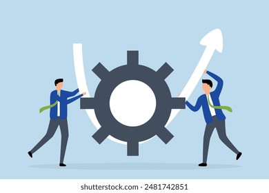 Business transformation, business partner helps turn  tool so that arrow is up.