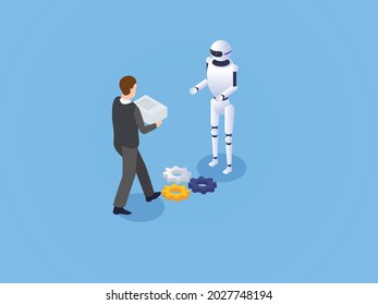Business Transition isometrischer Vektorbegriff. Geschäftsmann, der dem Roboter für künstliche Intelligenz einen Haufen Papierkram gibt