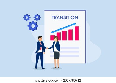 Business transition vector concept. Businessman and businesswoman shaking hands with transition document background
