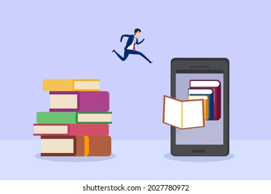 Business transition vector concept. Businessman jumping from a pile of books to digital books inside mobile phone