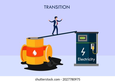 Business transition vector concept. Businessman walking from oil barrel to electricity energy.