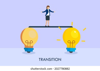 Business Transition Vector Concept. Businesswoman Walking From Old To New Shiny Light Bulb Idea