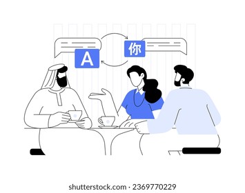Business translators abstract concept vector illustration. Group of multiethnic business people talking to translators, international job travel, negotiation process abstract metaphor.