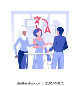 Business translators isolated concept vector illustration. Group of multiethnic business people talking to translators, international job travel, negotiation process vector concept.