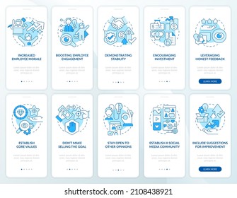 Business transparency blue onboarding mobile app screen set. Openness walkthrough 5 steps graphic instructions pages with linear concepts. UI, UX, GUI template. Myriad Pro-Bold, Regular fonts used