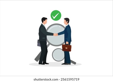 Business transparency. An open, honest and straightforward process about the company or business operations. Two businessmen shake hands and agree to do business. flat vector illustration.
