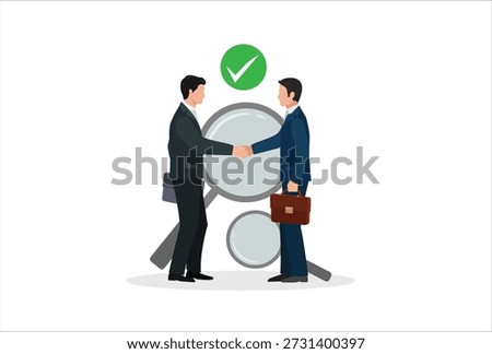 Business transparency. An open, honest and straightforward process about the company or business operations. Two businessmen shake hands and agree to do business. flat vector illustration.	
