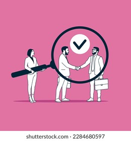 Business transparency. Woman holding magnifying glass zoom in business people shake hands. Flat vector illustration.