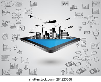 Business transportation concept and world map globe with creative doodle graph and chart, Vector Illustration EPS 10.