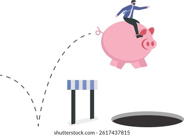 Business trap. Businessman riding a piggy bank running and jumping

