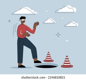 Business trap concept. Guy with blindfold next to pit. Financial illiteracy, unsuccessful entrepreneur. Risky strategy or tactic, dangerous. Troubles and problems. Cartoon flat vector illustration