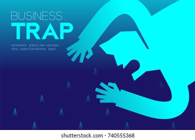 Business Trap Design horizontal set, Businessman fall into a trap concept idea illustration isolated on blue gradient background, and Business Trap text with copy space
