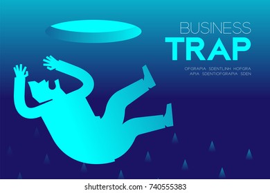 Business Trap Design horizontal set, Businessman fall into a trap concept idea illustration isolated on blue gradient background, and Business Trap text with copy space