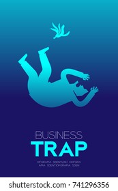 Business Trap Design vertical set, Businessman falling by banana peel concept idea illustration isolated on blue gradient background, and Business Trap text with copy space
