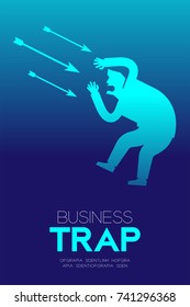 Business Trap Design vertical set, Businessman trapped by arrow concept idea illustration isolated on blue gradient background, and Business Trap text with copy space