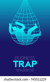 Business Trap Design vertical set, Businessman trapped by net concept idea illustration isolated on blue gradient background, and Business Trap text with copy space