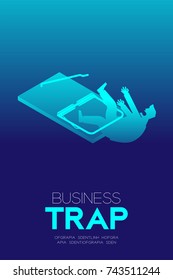 Business Trap Design vertical set, Businessman trapped by mousetrap concept idea illustration isolated on blue gradient background, and Business Trap text with copy space