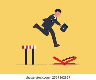Business trap, Not thoughtful at work concept. Businessman runs and jumps away from trap