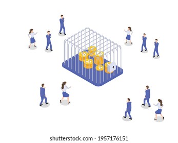 Business Trap Vector Concept. Group Of Business People Running To Take A Bitcoin Trapped In A Cage