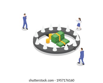 Business trap vector concept. Business people running to take heaped money on bear trap