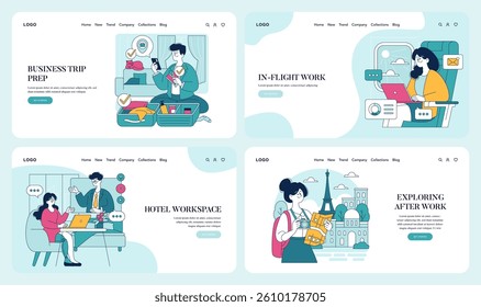 Business travel activities and experiences illustrated in four parts. Topics include preparation for trips, in-flight work, collaboration in hotel workspaces, and post-work exploration. Vector