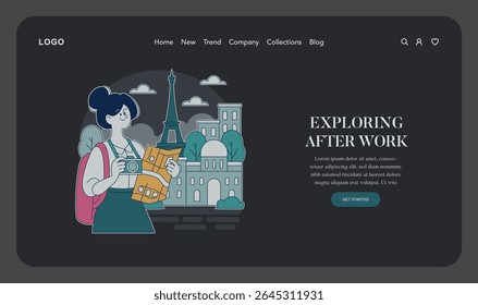 Business travel adventure illustration. A traveler explores a city after work, holding a map and camera with landmarks in view. Captures the excitement of discovering new cultures. Vector illustration