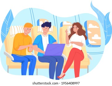 Business travel in airplane, businessman with computer on trip, special transport, cartoon vector illustration, isolated on white.