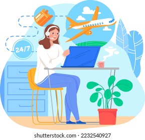 Business travel, assistance to clients via Internet, communication with office, cartoon vector illustration, isolated on white.