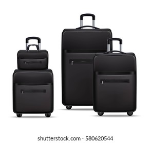 Business travel black realistic trolley with handbag and laptop bag baggage items set 3d shadow vector illustration