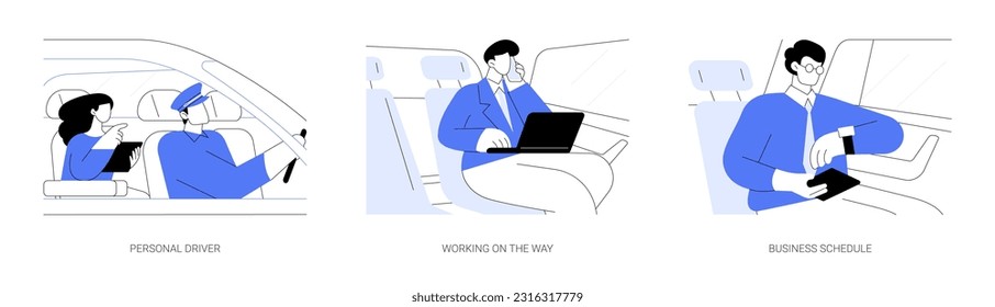 Business travel by car abstract concept vector illustration set. Personal driver, working on the way, business schedule, business class travel, busy people lifestyle abstract metaphor.