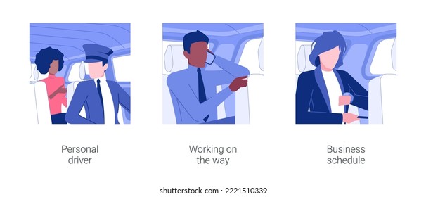 Business travel by car isolated concept vector illustration set. Personal driver, working on the way, business schedule, business class travel, busy people lifestyle vector cartoon.