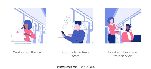 Business travel by high-speed train isolated concept vector illustration set. Working on the train, comfortable seats, food and beverage service, wifi connection in transport vector cartoon.