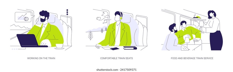 Business travel by high-speed train abstract concept vector illustration set. Working on the train, comfortable seats, food and beverage service, wifi connection in transport abstract metaphor.